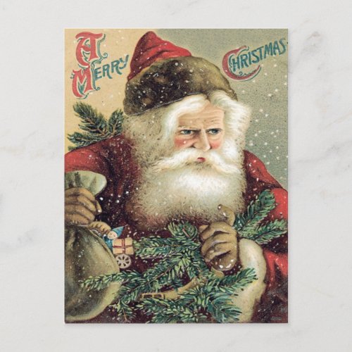 Santa Claus Sack of Toys Evergreen Bough Holiday Postcard