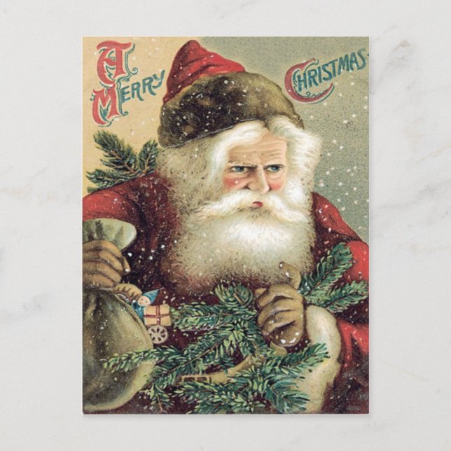 Santa Claus Sack of Toys Evergreen Bough Holiday Postcard (Front)