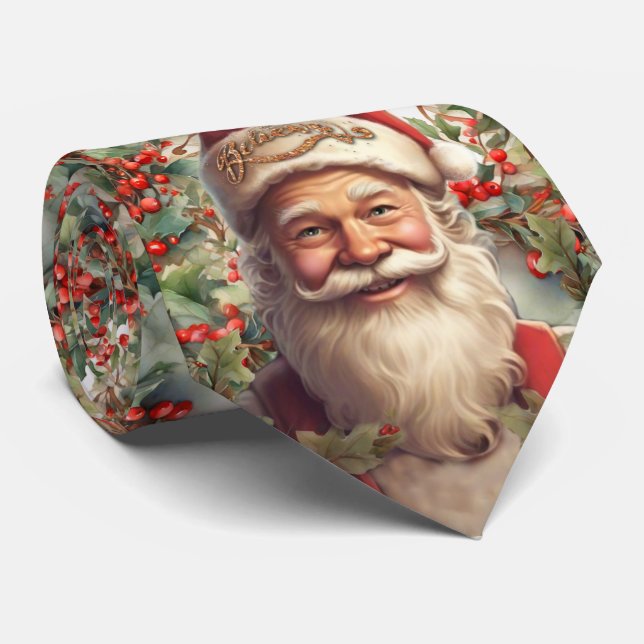 Santa Claus Saint Nicholas Christmas holly leaves Neck Tie (Rolled)
