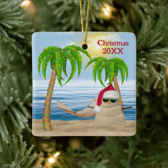 Santa Claus Sandman On Tropical Beach Ceramic Ornament (Tree)