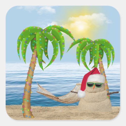 Santa Claus Sandman On Tropical Beach Square Sticker