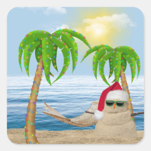 Santa Claus Sandman On Tropical Beach Square Sticker