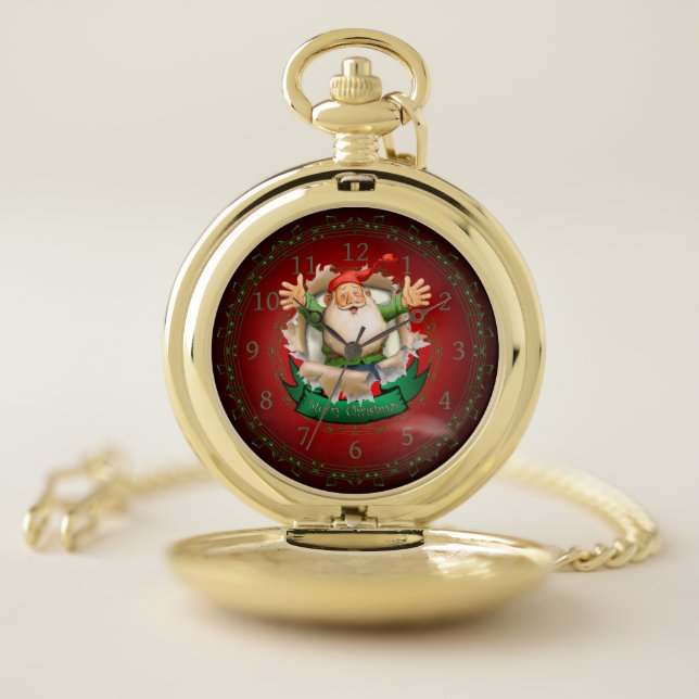 Santa Claus ~ Santa Clock~ Santa Breaking Through  Pocket Watch (Inside)