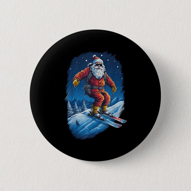 Santa Claus Shredding The Slopes Santa Skiing Chri Button (Front)