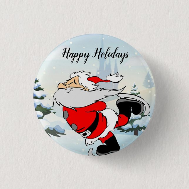 Santa Claus Skate On Ice Snow Button (Front)