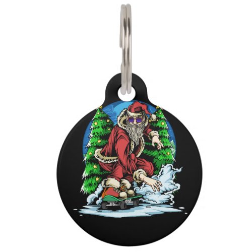 Santa claus skateboarder skating on snow field on  pet ID tag