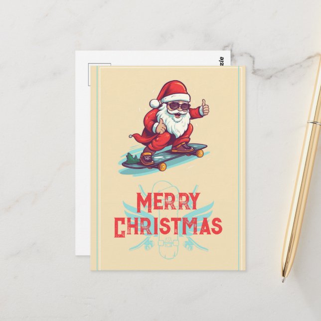 Santa Claus Skater Cartoon Illustration Postcard (Front/Back In Situ)