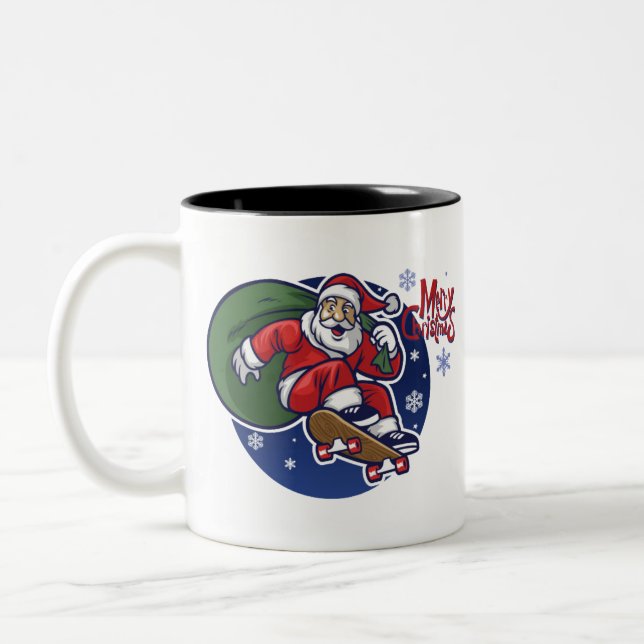 Santa Claus Skater Skateboard Cool Christmas Xmas Two-Tone Coffee Mug (Left)