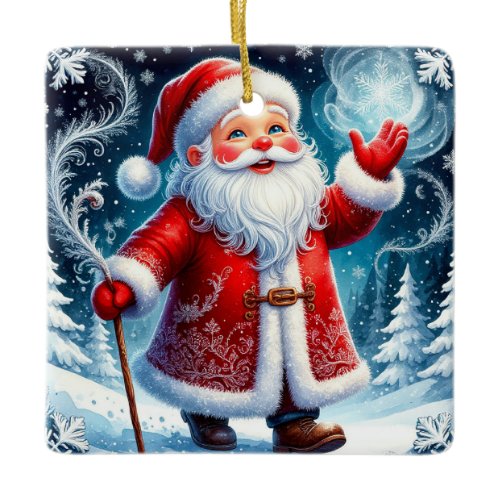 Santa Claus Skating Through Snowy Winter Wonderlan Ceramic Ornament