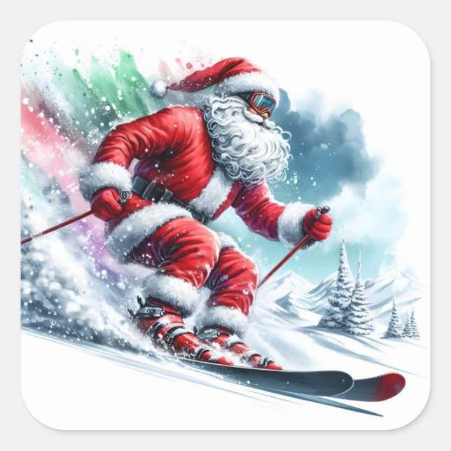 Santa Claus Skiing Down Snowy Mountains in Winter Square Sticker (Front)