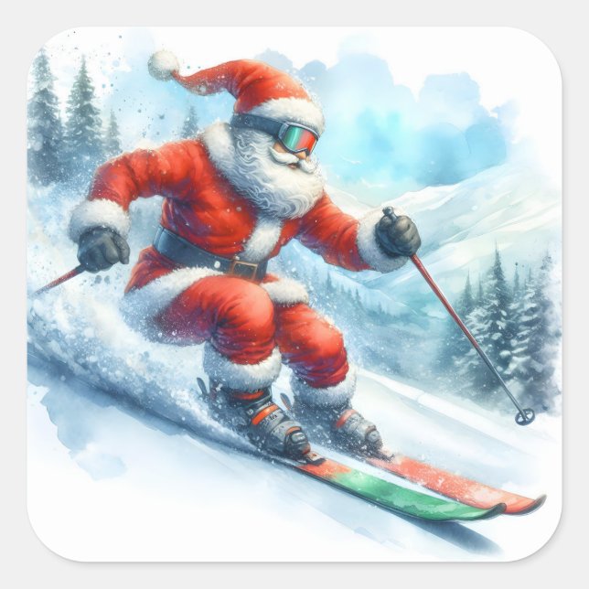 Santa Claus Skiing Down Snowy Mountains in Winter Square Sticker (Front)