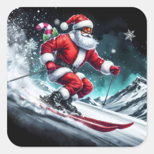 Santa Claus Skiing Down Snowy Mountains in Winter Square Sticker