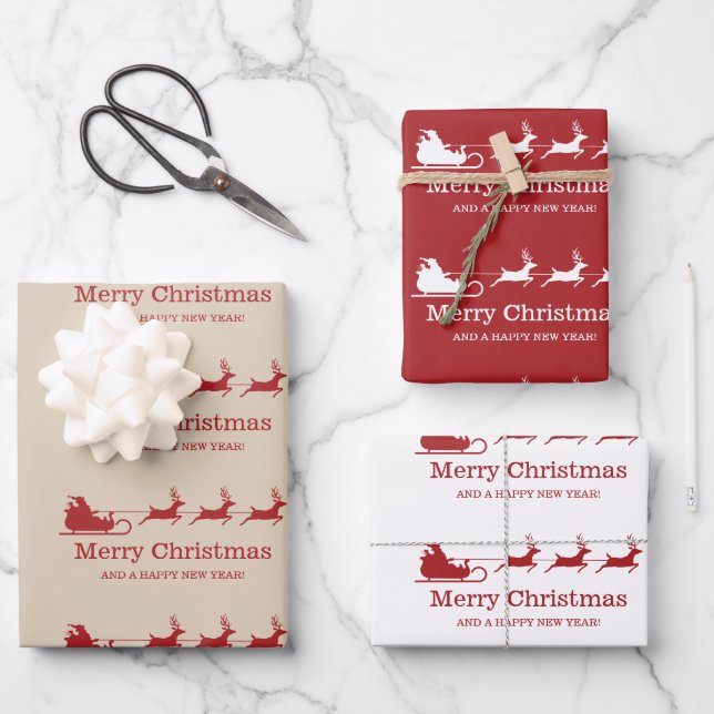Santa Claus Sleigh And Reindeers & Custom Text Wrapping Paper Sheets (Front)