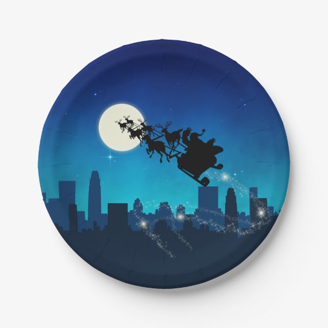 Santa Claus Sleigh Christmas Paper Plates (Front)