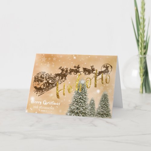 Santa Claus Sleigh  Flying Reindeer Snowy Forest Holiday Card