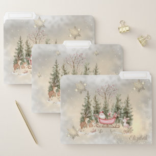 Santa Claus,Sleigh,Forest,Gold Snowflakes File Folder