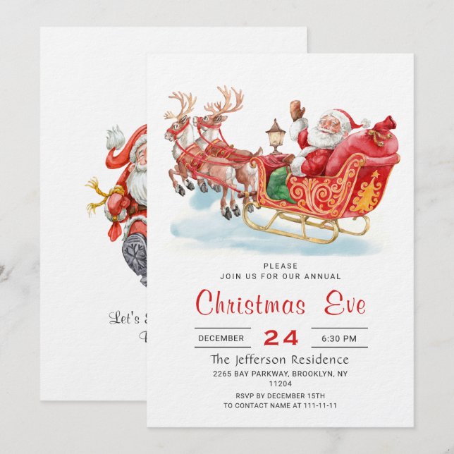 Santa Claus Sleigh Holiday Christmas Eve Party Invitation (Front/Back)