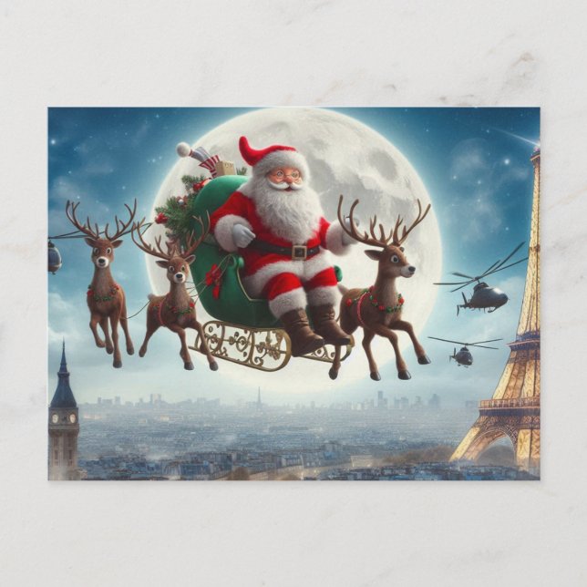 Santa Claus & sleigh over Paris, France, whimsical Postcard (Front)