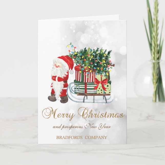 Santa Claus,Sleigh,Pine Tree,Presents,Bokeh Holiday Card (Front)