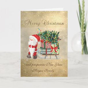 Santa Claus,Sleigh,Pine Tree,Presents,Glittery Holiday Card