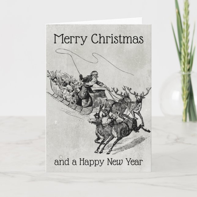 Santa Claus Sleigh & Reindeer Old World Monochrome Holiday Card (Front)