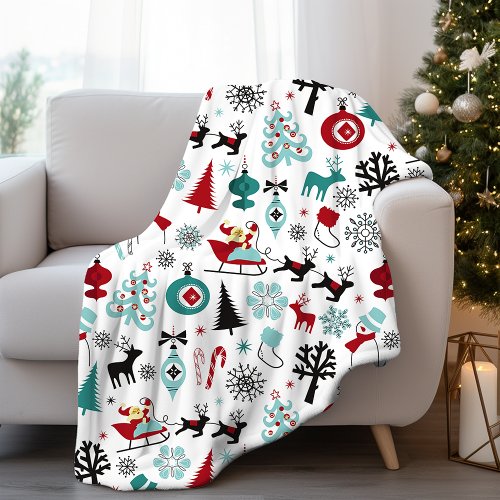 Santa Claus Sleigh Reindeer Pine Trees Art Pattern Fleece Blanket