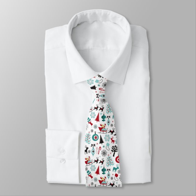 Santa Claus Sleigh Reindeer Pine Trees Art Pattern Neck Tie (Tied)