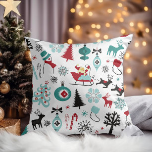 Santa Claus Sleigh Reindeer Pine Trees Art Pattern Throw Pillow