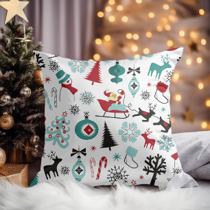 Santa Claus Sleigh Reindeer Pine Trees Art Pattern Throw Pillow