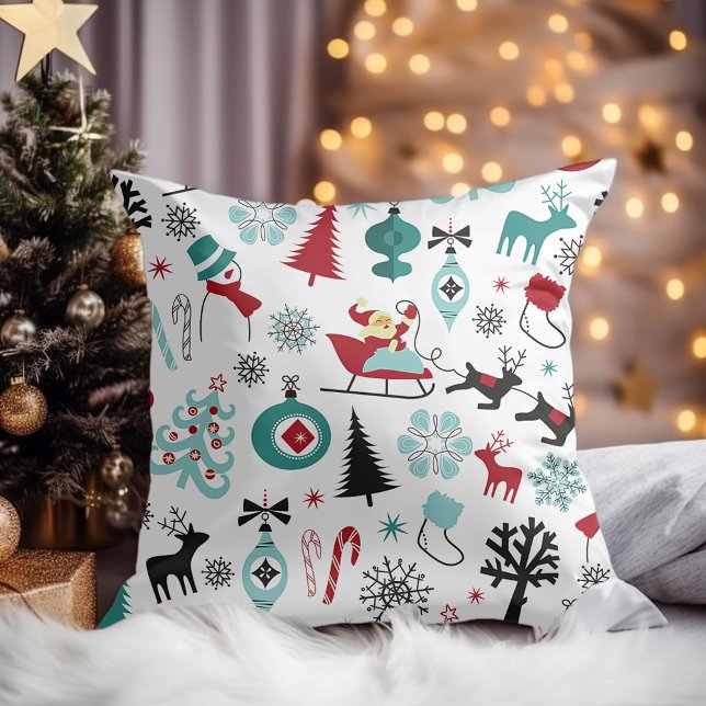 Santa Claus Sleigh Reindeer Pine Trees Art Pattern Throw Pillow (Creator Uploaded)