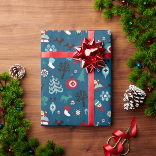 Santa Claus Sleigh Reindeer Pine Trees Art Pattern Wrapping Paper
