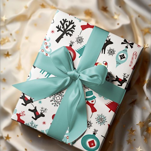 Santa Claus Sleigh Reindeer Pine Trees Art Pattern Wrapping Paper