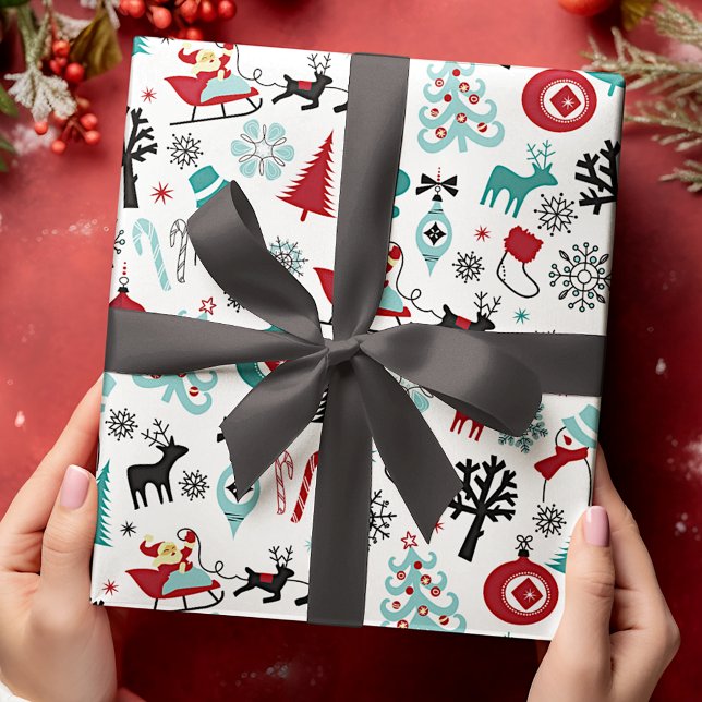 Santa Claus Sleigh Reindeer Pine Trees Art Pattern Wrapping Paper (Creator Uploaded)