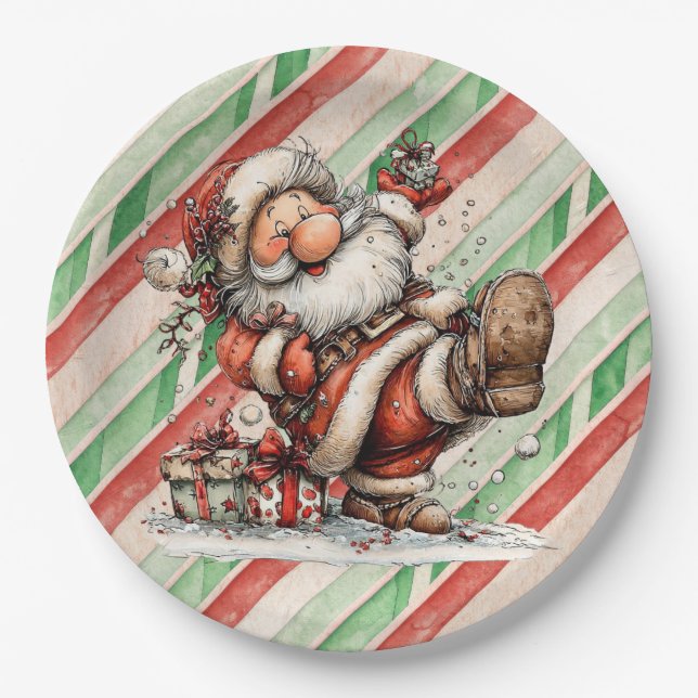Santa Claus Slipping In the Snow Paper Plates (Front)