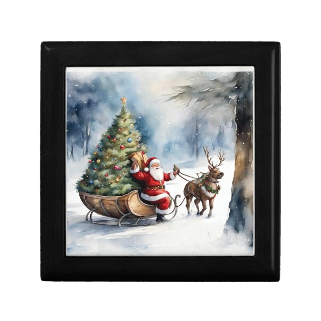 Santa Claus Snow Reindeer Sleigh Holiday Gift Box (Front)