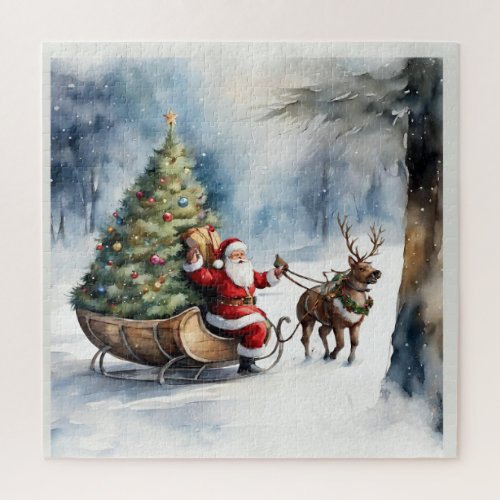 Santa Claus Snow Reindeer Sleigh Holiday Jigsaw Puzzle