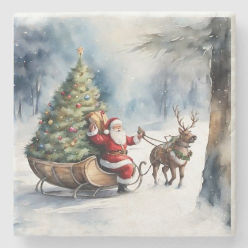 Santa Claus Snow Reindeer Sleigh Holiday Stone Coaster