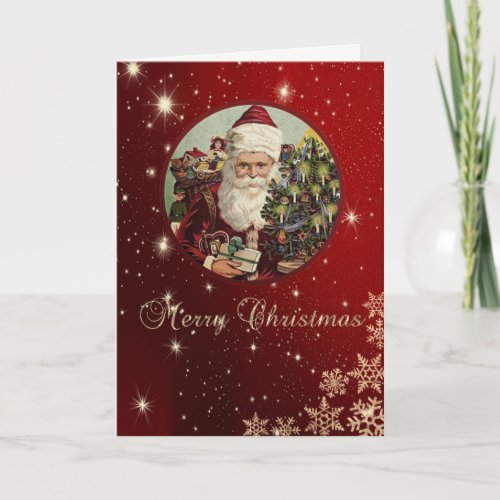Santa Claus Snowflakes Red Holiday Card