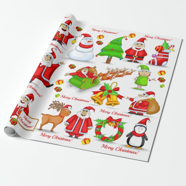 Santa Claus Snowman Elves Reindeer Penguin Wrapping Paper (Unrolled)