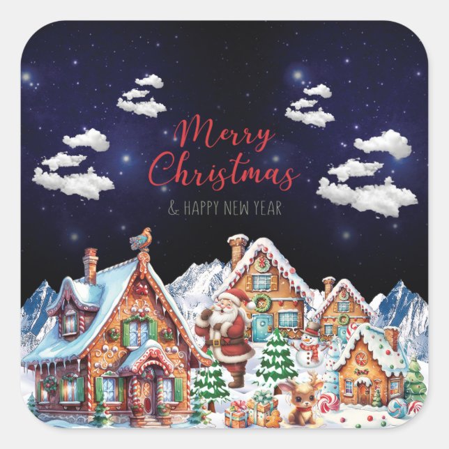 Santa Claus, Snowman  Festive Christmas Holiday  Square Sticker (Front)