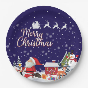 Santa Claus, Snowman Merry Christmas Holiday Paper Plates