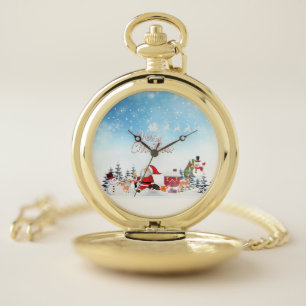 Santa Claus, Snowman Merry Christmas Holiday Pocket Watch