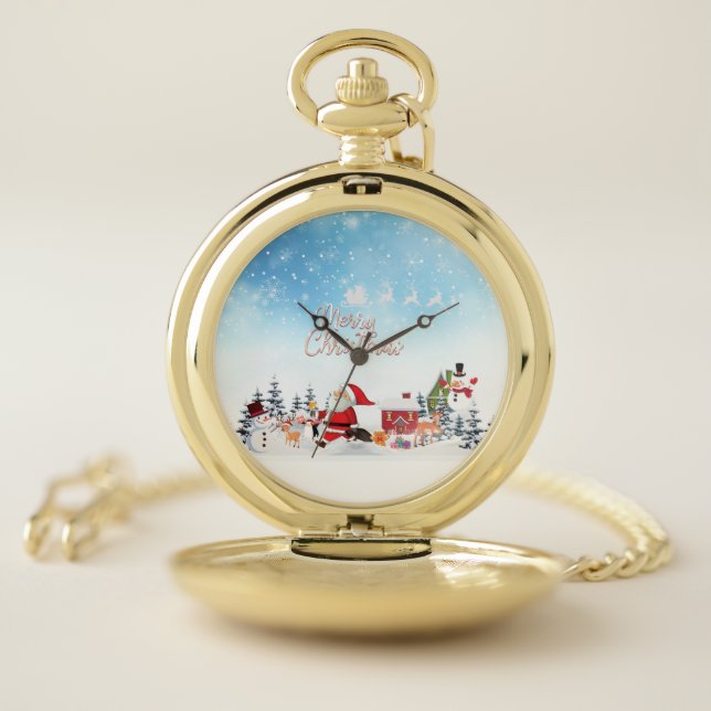 Santa Claus, Snowman Merry Christmas Holiday Pocket Watch (Inside)