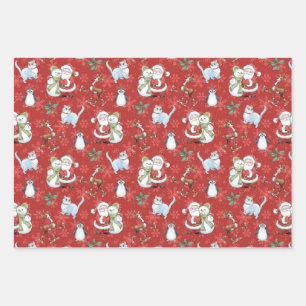 Santa Claus, Snowman, Reindeer, Cat Wrapping Paper Sheets