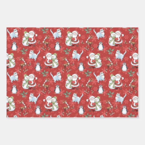 Santa Claus Snowman Reindeer Cat Wrapping Paper Sheets