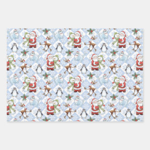 Santa Claus, Snowman, Rudolph, Cat Wrapping Paper Sheets