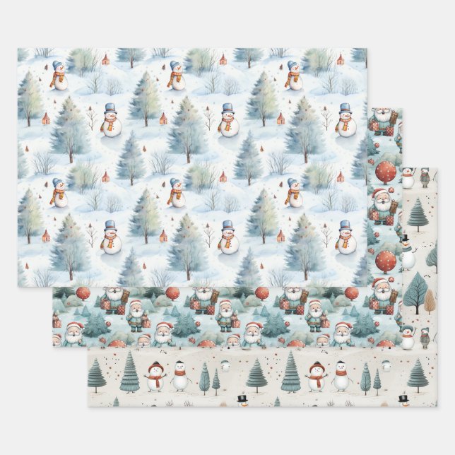 Santa Claus, Snowmen and Christmas Trees  Wrapping Paper Sheets (Set)