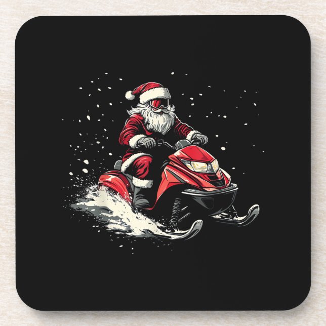 Santa Claus Snowmobile Motor Sled Funny Christmas Beverage Coaster (Front)