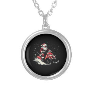 Santa Claus Snowmobile Motor Sled Funny Christmas Silver Plated Necklace