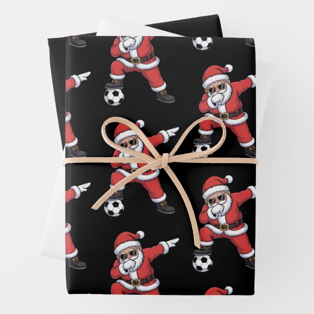 Santa Claus Soccer Dabbing Santa Gift Christmas Wrapping Paper Sheets (In situ)